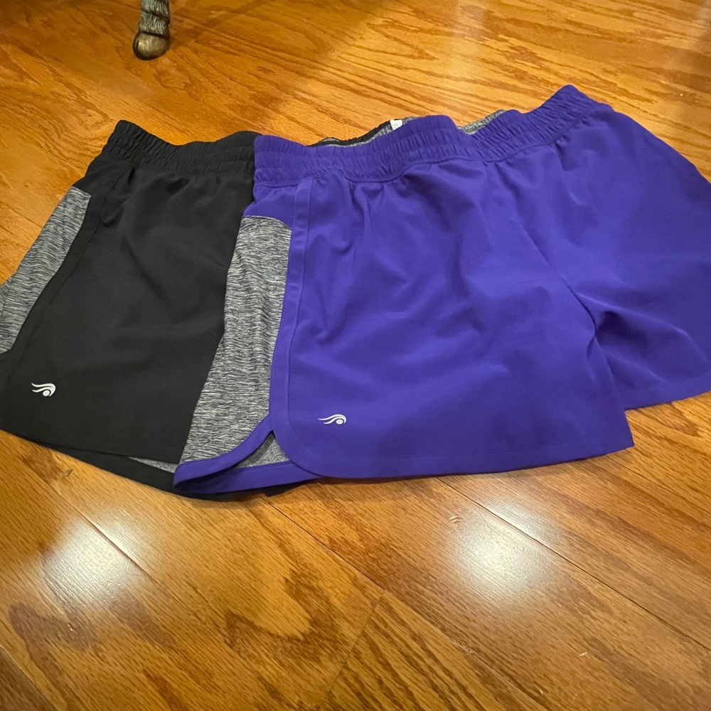 Ideology running shorts. 2 pairs. Purple /black and grey/black